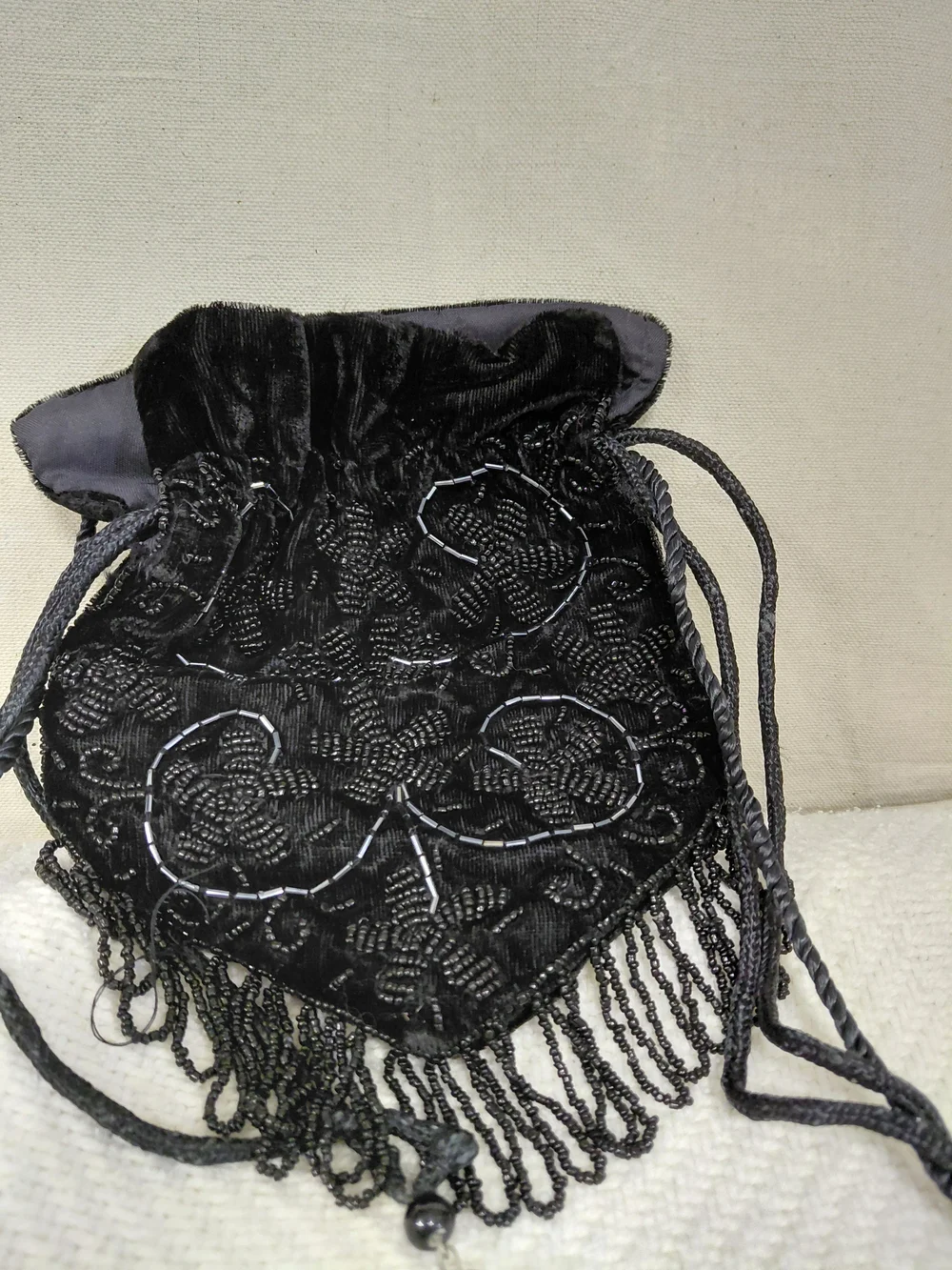 Velvet Beaded Drawstring Evening Bag - Black